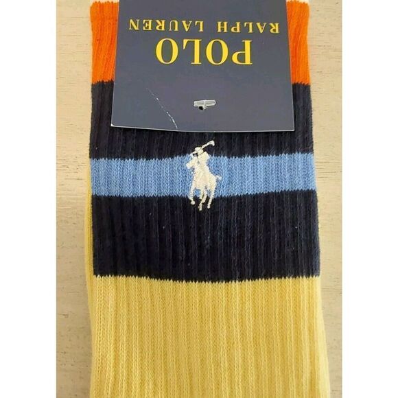 Polo Ralph Lauren Mens Cotton Crew Socks Signature Yellow Navy Striped Sz 10-13 - Picture 7 of 9